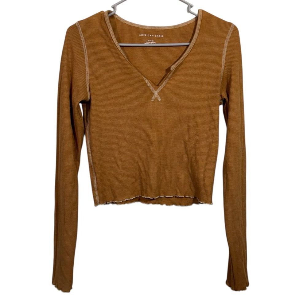 American Eagle Waffle Knit Gold Long Sleeve Split Neck T-Shirt